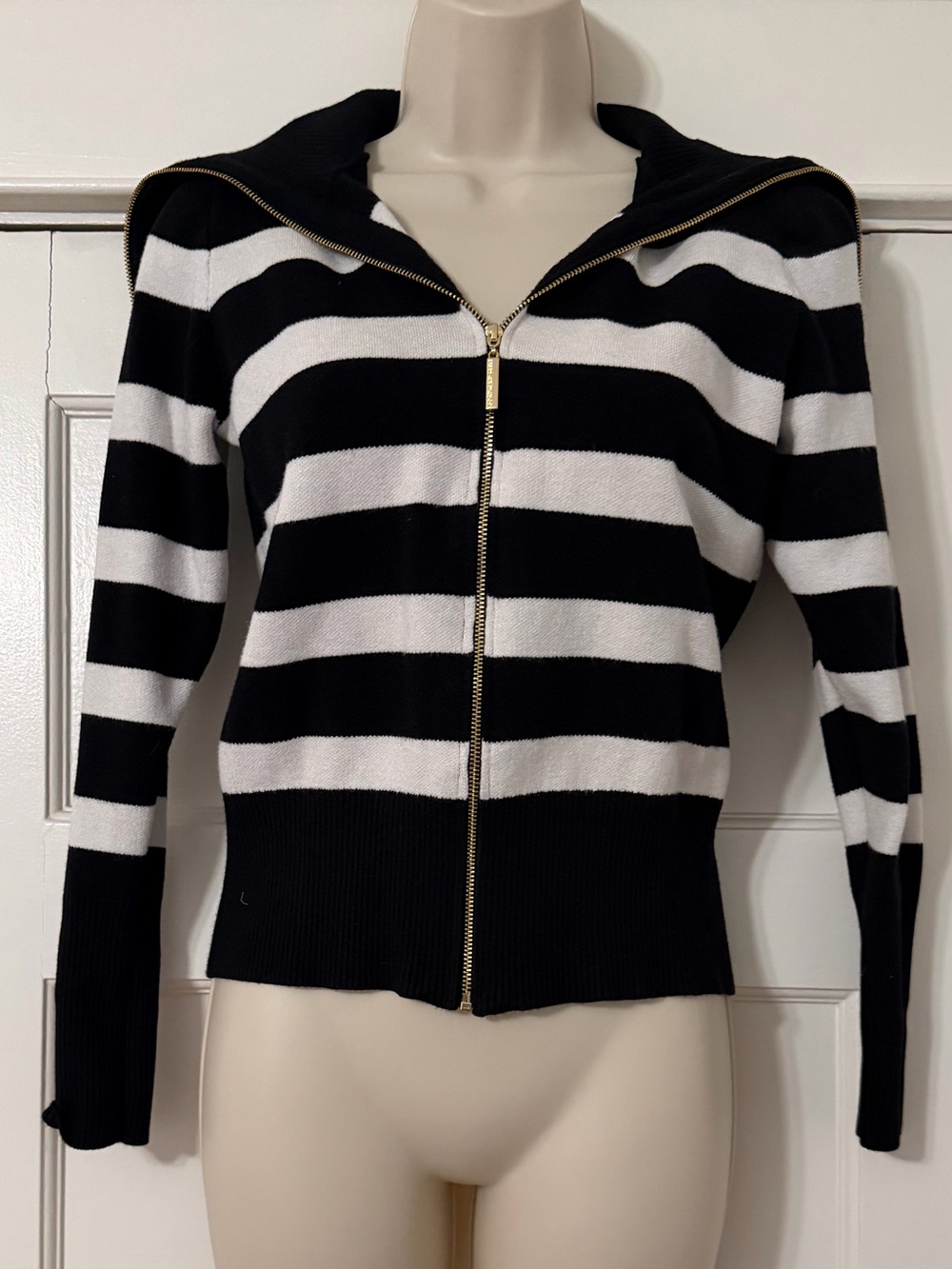 Marc New York Black & White Striped Knit Zip-Up Jacket
